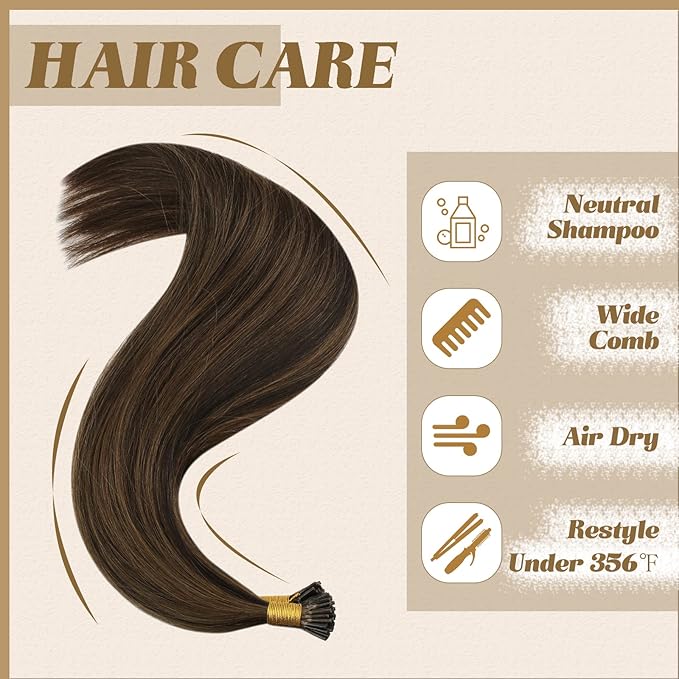 YoungSee I Tip Hair Extensions Human Hair Brown I Tip Hair Extensions Highlight Dark Brown with Brown Itip Human Hair Extension 20 Inch Highlight Pre Bonded Hair Extension Silky Straight 50s 50g