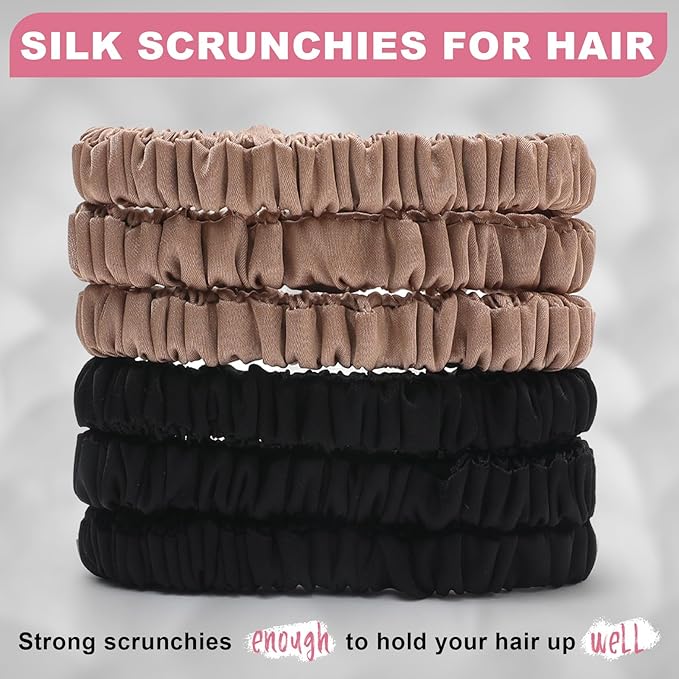 6Pcs Mulberry Silk Slip Skinny Hair Scrunchies - 22 Momme Pure Silk Ponytail Holders for Women & Girls (Color 02)