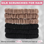 6Pcs Mulberry Silk Slip Skinny Hair Scrunchies - 22 Momme Pure Silk Ponytail Holders for Women & Girls (Color 02)