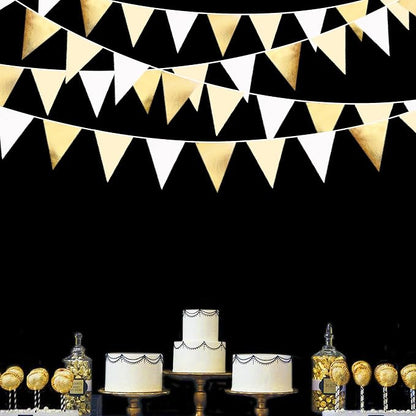 White and Gold Party Decorations Gold Beige White Fabric Triangle Pennant - Image 7