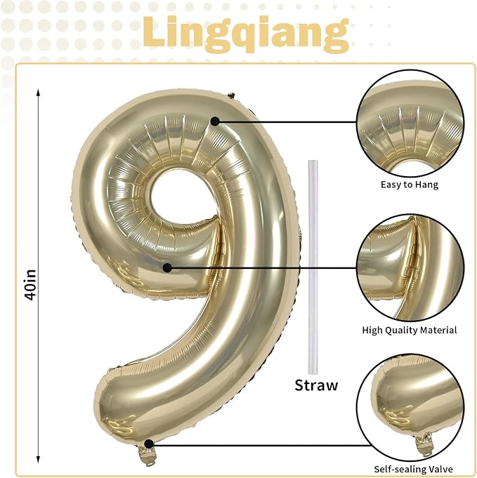 40 Inch Champagne Gold Foil Balloon Number 9, Large Self Inflating Light Gold - Image 2