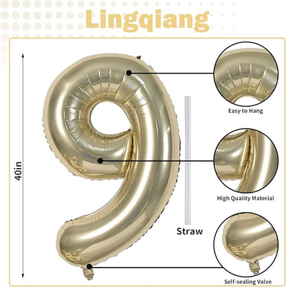 40 Inch Champagne Gold Foil Balloon Number 9, Large Self Inflating Light Gold - Image 2