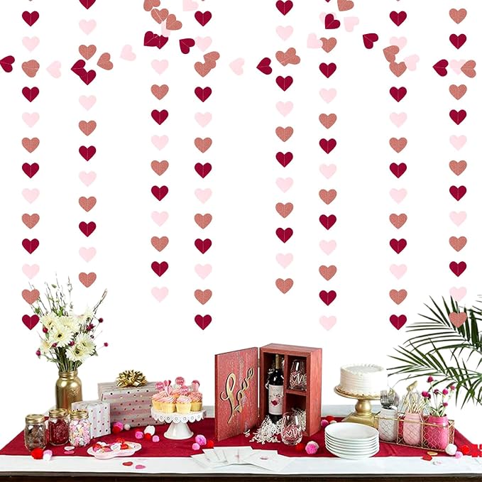 Burgundy-Red Rose-Gold Valentines Party-Decorations Heart-Garland - 52ft Pink - Image 4