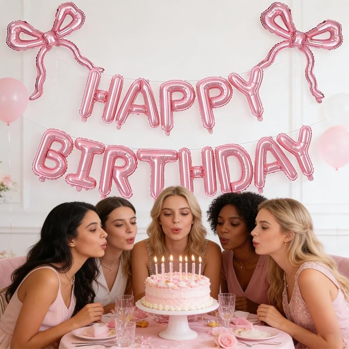 Pink Bow Happy Birthday Balloons Banner, 22 Inch Pearl Pink Bow Foil Balloons - Image 4