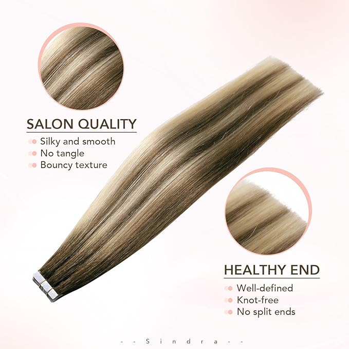 Sindra Invisi Edge Tape in Extensions Human Hair, 50g 18 Inch 20pcs Invisible Seamless Extensions Real Human Hair Walnut Brown to Ash Brown and Blonde Injected Tape ins