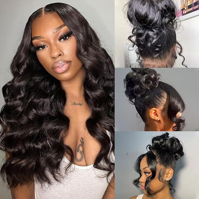 360 Lace Front Wigs Human Hair Body Wave 200% Density 16 Inch Upgraded Hidden Straps 360 HD Full Lace Wigs Human Hair With Drawstring Pre Plucked With Baby Hair for Women Natural Black