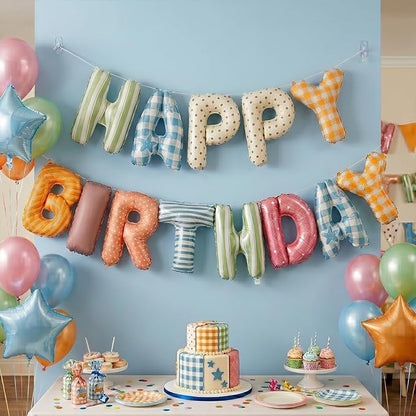 Colorful Happy Birthday Banner Foil Letter Balloon, 14 Inch 3D Plaid, Polka Dots - Image 8