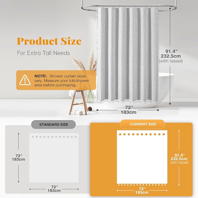 72 x 90 Boho Linen Heavy Duty Cloth Shower Curtain Set, 330GSM Linen Blend - Image 3