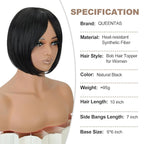 QUEENTAS Black Hair Topper for Women with Thinning Hair Pieces 6"*6"Large Coverage 360°3D Cover Silver Synthetic Short Bob with 5 Clips in Wiglets(Natural Black)