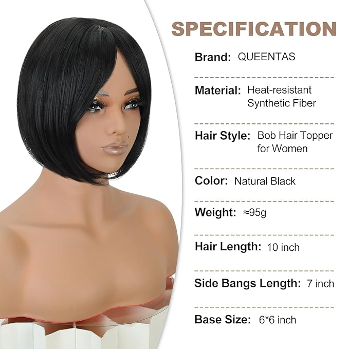 QUEENTAS Black Hair Topper for Women with Thinning Hair Pieces 6"*6"Large Coverage 360°3D Cover Silver Synthetic Short Bob with 5 Clips in Wiglets(Natural Black)