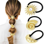 3PCS Gold Hair Ties, Metal Hair Ties for Thick Hair, Gold Ponytail Cuff Elegant Durable Geometric Design, Hair Accessories for Women, Stretchy & Non Damage Ponytail Holders with Pendant Holiday Gifts