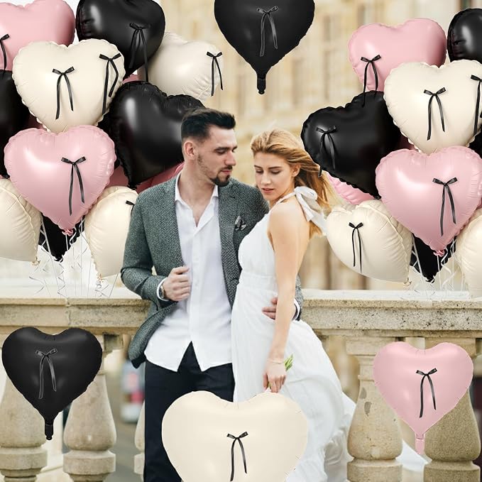 Pink and Black Heart Balloons, 18 Inch Pink Sand White Foil Balloons - Image 4