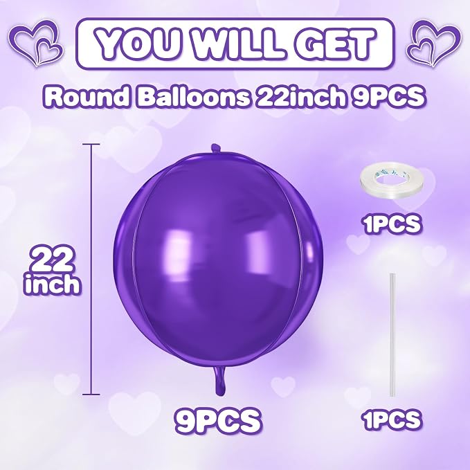 Purple Round Foil Balloons 9 pcs - Image 2