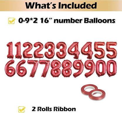 20 Pcs Red 16" Number Balloons 2 Sets 0-9 Foil Balloon Numbers Décor | Glossy - Image 3