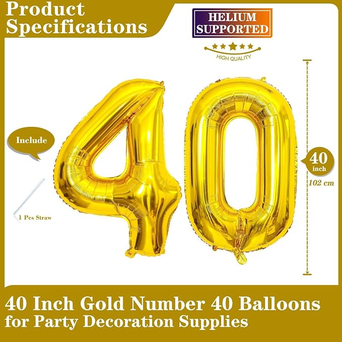 Gold 40 Number Balloons, 40 Inch Giant Number 40 Balloons Foil Mylar Helium - Image 2
