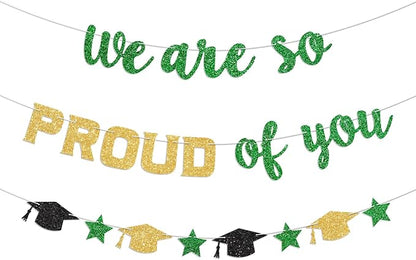 We Are So Proud of You Banner Prestrung Green and Gold Graduation Banner by Blopee