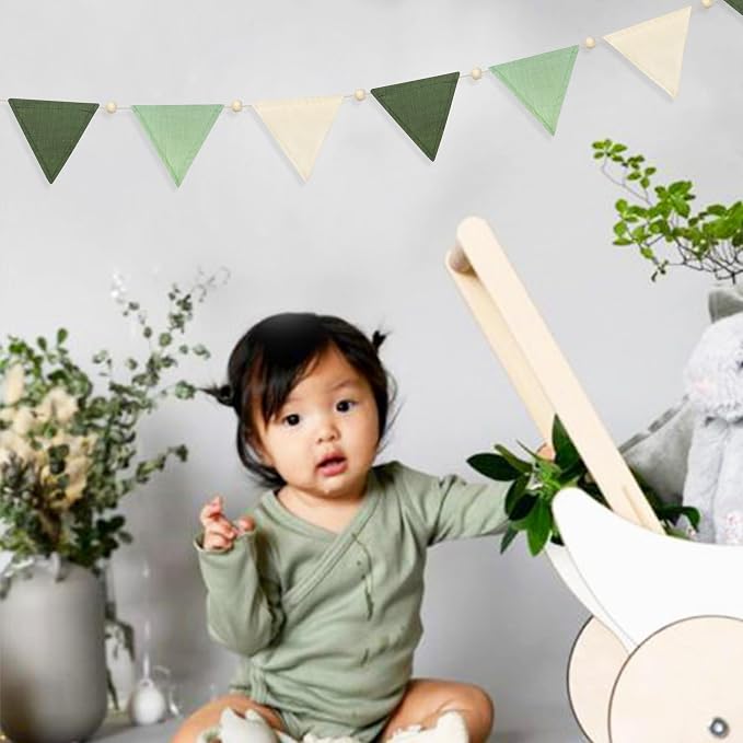 2 Sets of Sage Green Wood Beads Pennant Banner 20Pcs Flags Nursery Garland - Image 5