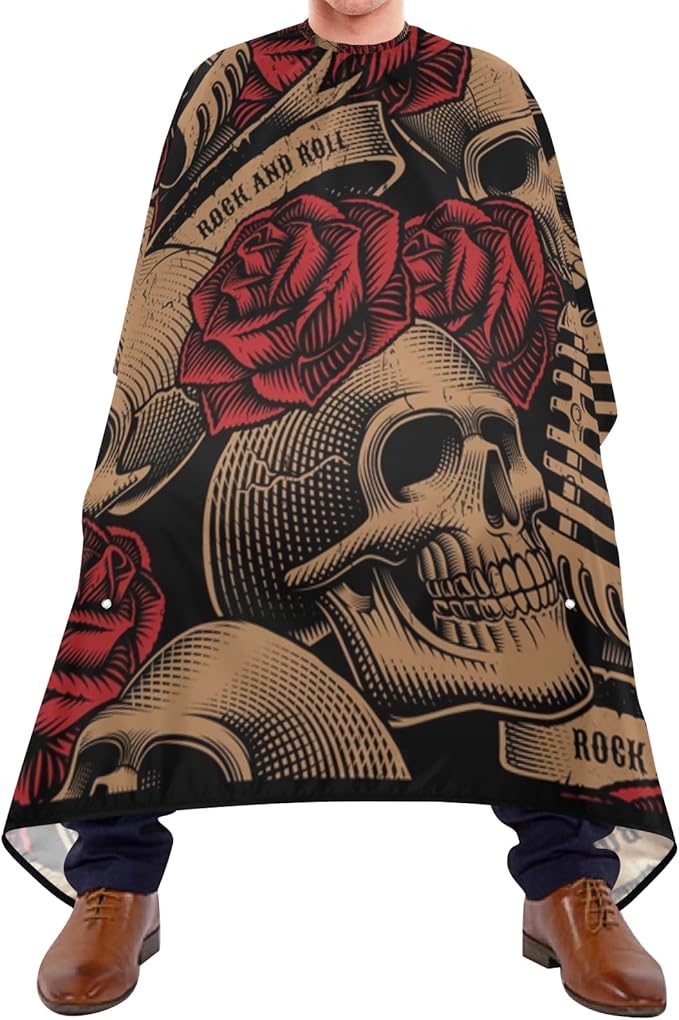 ALAZA Vintage Skulls Music Roses Barber Cape for Men Women, Waterproof Haircut Apron Beard Shaving Bib Hair Cutting Cloth 55 x 65 Inch