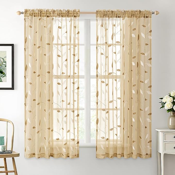 MIULEE Khaki Sheer Curtains 2 Panels Embroidered Leaf Patterned, W52 x L45 | by MIULEE