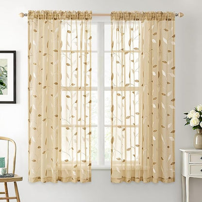 MIULEE Khaki Sheer Curtains 2 Panels Embroidered Leaf Patterned, W52 x L45 | by MIULEE
