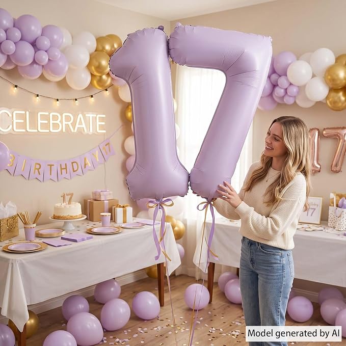 Cream Purple Number 17 Balloon 40 Inch, Foil Digits - Image 6