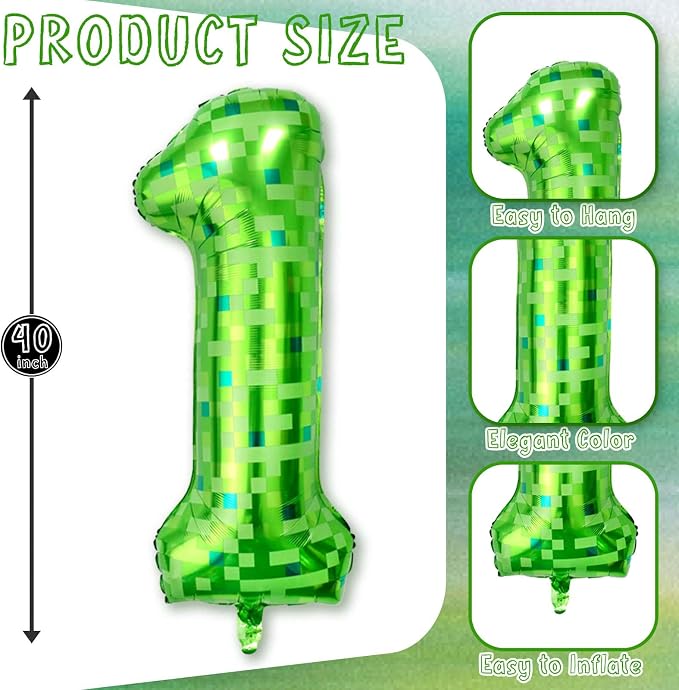 40 Inch Green Pixel Number 1 Balloon, Lime Green Large Foil Number Balloon 1st - Image 3