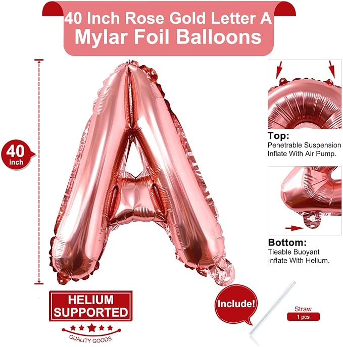 Lovoir 40 Inch Large Rose Gold Letter A Balloons Big Size Jumbo Mylar Foil - Image 2