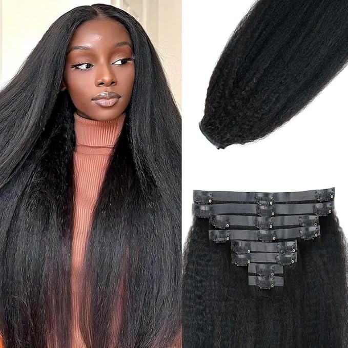 Seamless Kinky Straight Clip in Hair Extensions for Black Women Brazilian Virgin Human Hair Extensions 8Pcs Seamless Clip ins Human Hair with 18Clips Invisible PU Skin Weft 120g 26inch Natural Black
