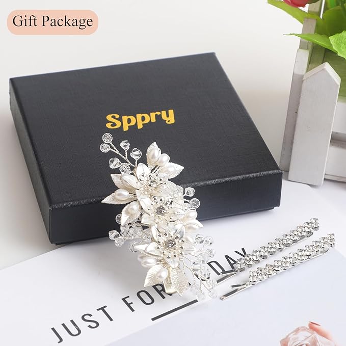 Floral Crystal Pearl Alligator Hair Clip and Rhinestone Bobby Pins, Elegant Hair Accessories for Bridal Women in Wedding or Prom, Set of 3 (Silver)