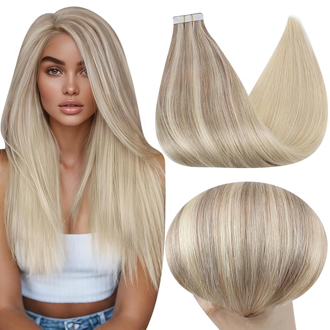 Full Shine Seamless Tape in Hair Extensions Nordic Color 18 Fading to 22 and 60 Blonde Human Hair Tape in Extensions Natural Real Hair Extensions Tape ins 20 Inch for Wedding 20Pcs 50Gram