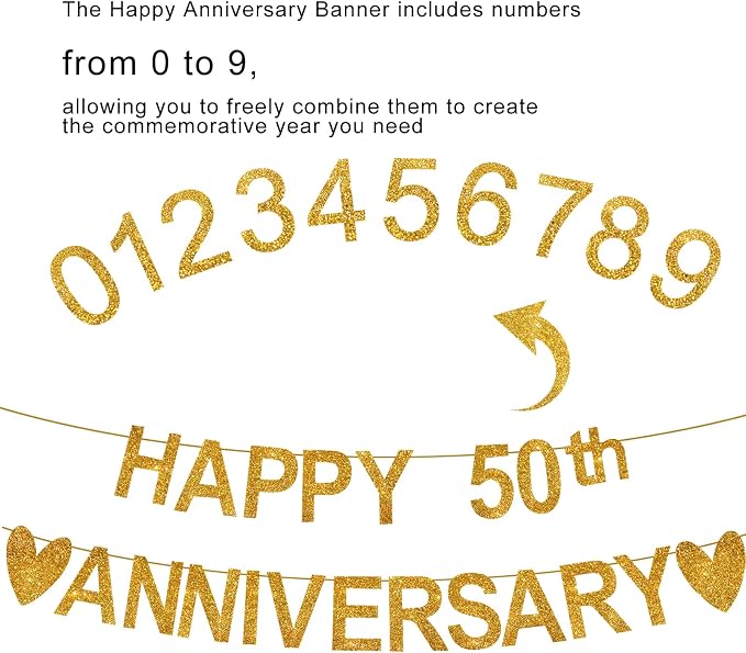 Happy Anniversary Banner, Custom Gold Glitter 10 20 30 40 50 60 70 80 90th Any - Image 3