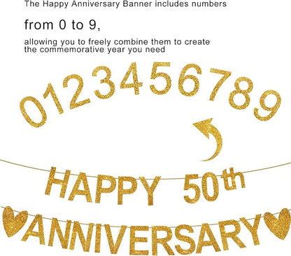 Happy Anniversary Banner, Custom Gold Glitter 10 20 30 40 50 60 70 80 90th Any - Image 3