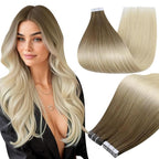 Full Shine Blonde Balayage Tape in Hair Extensions Real Human Hair Seamless Tape in Extensions Brown To Blonde 3/8/613 Double Sided 14Inch Invisible Seamless Skin Weft 50G 20Pcs Remy Natural Straight
