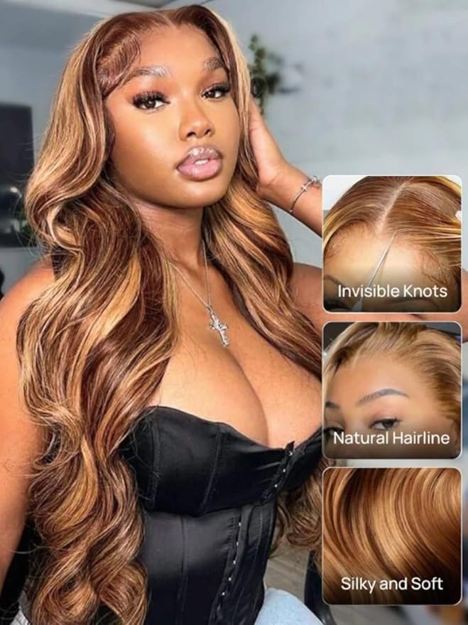 KLAIYI Wear And Go Glueless Wig Bye Bye Knots 13x4 Precut Lace Front Wigs Human Hair Ombre Highlight Blonde Body Wave Wig Pre Bleached Pre Everything Pre Plucked with Baby Hair 3S Ready to Wear 16Inch