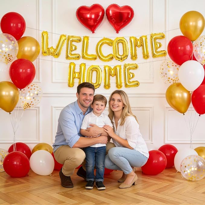 Welcome Home Balloons Red Gold, 16Inch Welcome Home Foil Balloons Banner - Image 4
