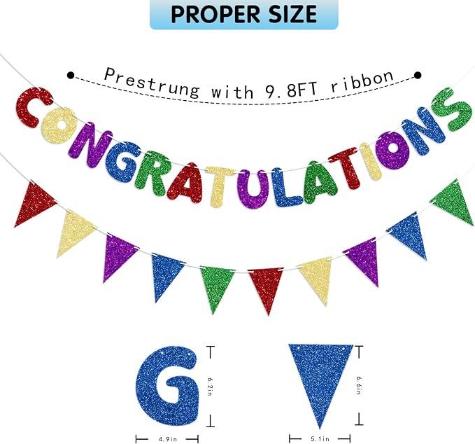 Multicolor Congratulations Banner Prestrung Glitter Congrats Banner - Image 6