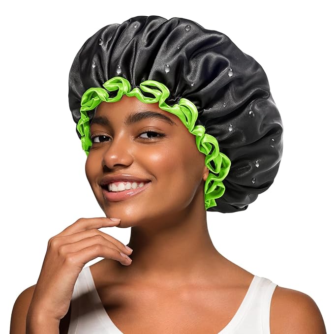mikimini Black Shower Cap for Women, Men & Girls, 1 Pack, Reusable Double Layers Waterproof Bathing Shower Hat with Soft Comfortable PEVA Lining, Non-fading, Stretchy Shower Cap