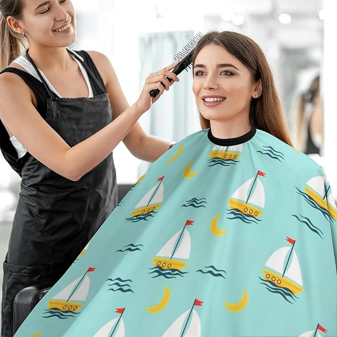 Large Long Salon Barber Cape, Sailboats Blue Haircut Hairdressing Cloth Apron Haircut Barber Gown for Home Stylists