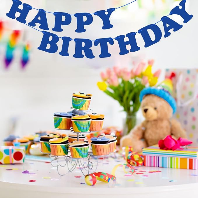Navy Blue Happy Birthday Banner Sign Happy Birthday Bunting Banner Flag Garland - Image 3