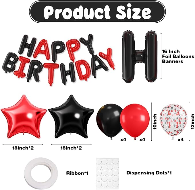 29PC Red Black Happy Birthday Balloon Banner, 16 Inch 3D Letter Banner Sign - Image 2
