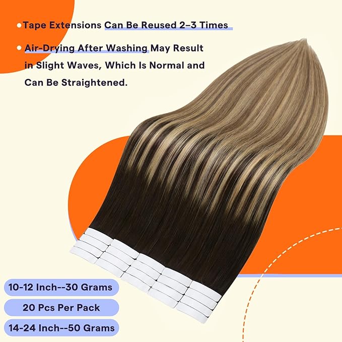 Full Shine Hair Extensions Tape in 50 Grams 16 Inch Color 2 Fading to 8 Brown and 27 Blonde Straight Natural Seamless Skin Weft Remy Tape Ins Human Hair Extensions 20PCS Soft and Silky Add Volume