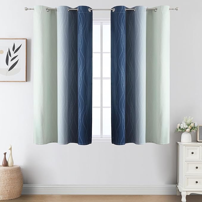 Sage Green and Navy Blue Ombre Blackout Curtains 45 Inches Long, Full Room - Image 2