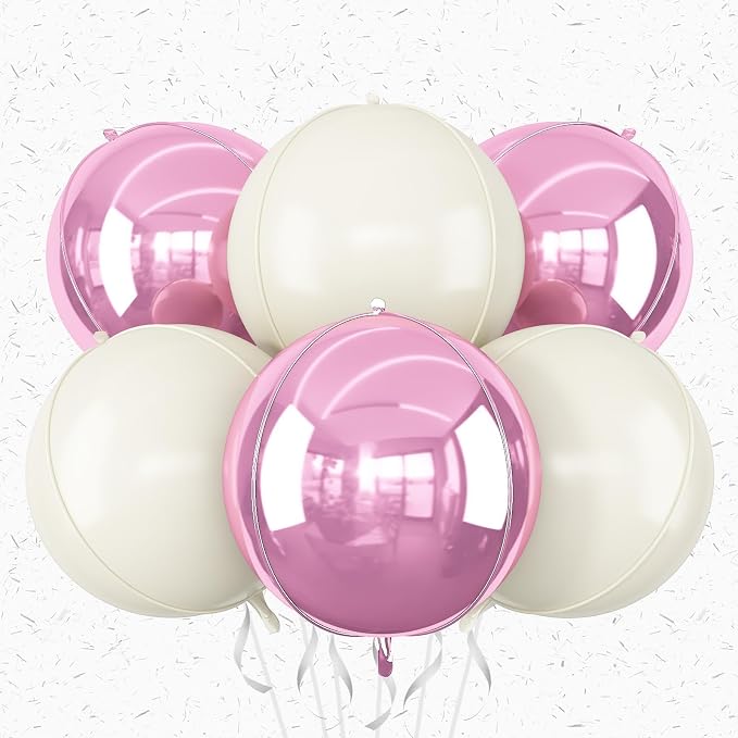 6Pcs Pink Cream White Round Foil Balloons, Giant 4D Round Ball Balloon by Adorely