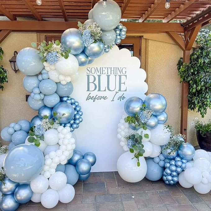 Dusty Blue White Balloons, Double Stuffed Pearl Light Baby Metallic Slate Blue - Image 2