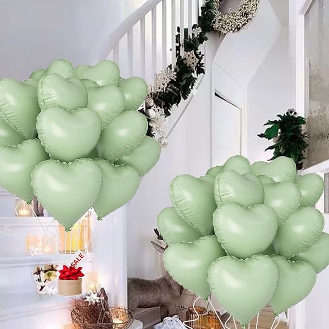 Green Heart Ballloons, 18 Inch Pastel Green Foil Love Heart Shaped Balloons - Image 6