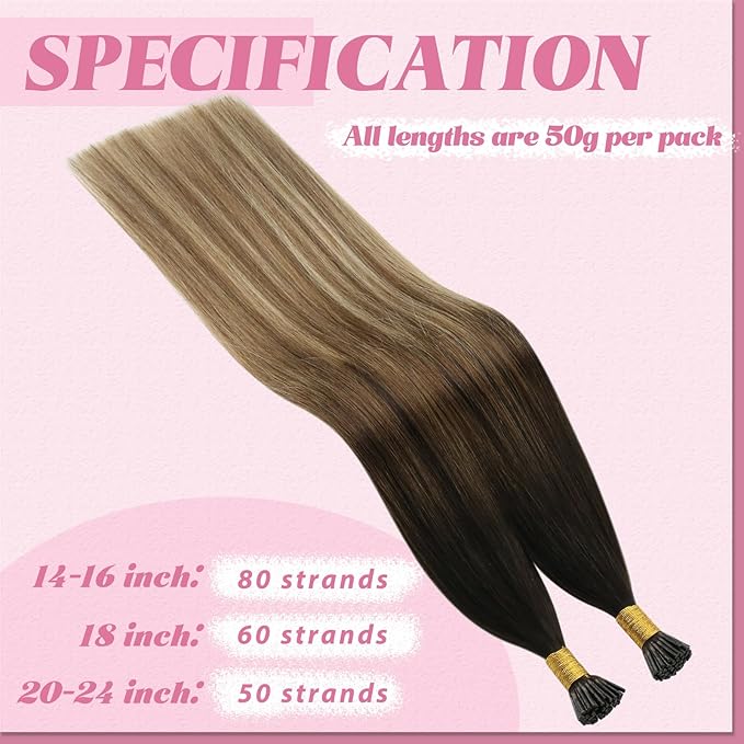 YoungSee I Tip Extensions Brown Balayage 18 Inch Itip Hair Extensions Real Human Hair Ombre Dark Brown to Blonde with Brown Itips Human Hair Extensions Pre Bonded Hair Extension Natural 60s 50g
