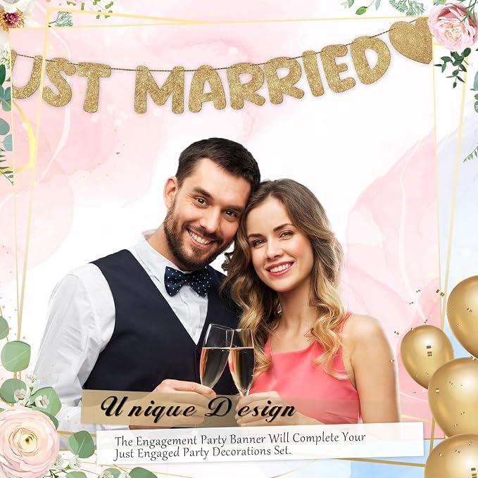 Pre Strung Just Married Banner Glitter Wedding Party Banner No DIY Just Married - Image 5