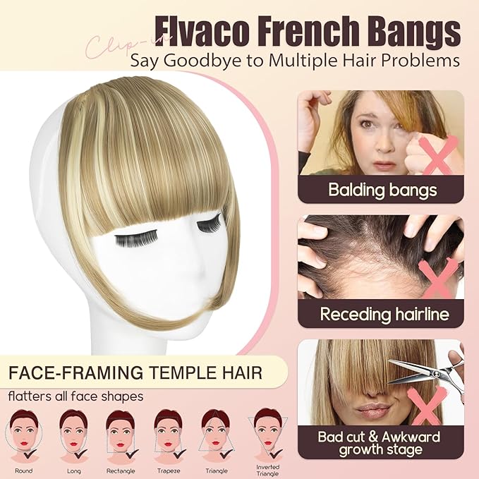 Clip in Bangs, Synthetic French Bangs Hair Clip, Light Blonde Mix Bleach Blonde Fake Bangs Fringe with Temples Hairpieces for Women Natural Curved Hair Extensions for Daily Wear