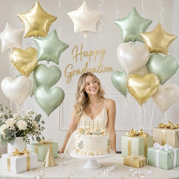 TONIFUL 18 Inch Sage Green and Champagne Gold Star and Heart Foil Balloons - Image 5