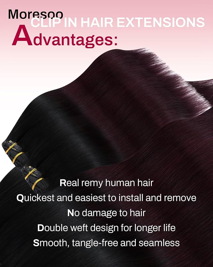 Moresoo Clip in Hair Extensions Dark Red Hair Extensions Clip ins Long Black to Burgundy Ombre Double Weft #1B/99J Balayage Natural Black to Deep Wine Red Long And Straight 120g/7pcs 20 inch